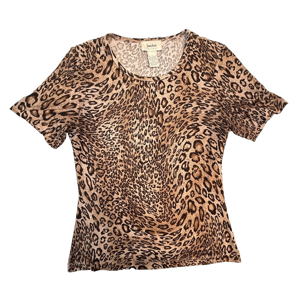 Neiman Marcus Shirt Womens Small Brown Leopard Print Stretch Scoop Neck Top